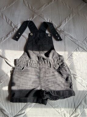 Place Black Denim Shortalls with Front Bib Pocket